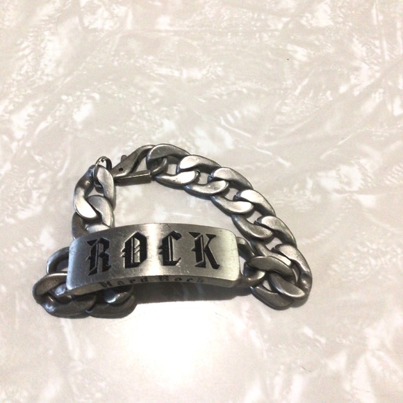 Hard rock spell out men’s silver tone chain link bracelet - Picture 4 of 7